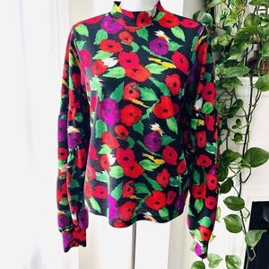 Zara Black Red & Purple Floral Designed Mock Neck Blouse Made in Turkey Sz Small